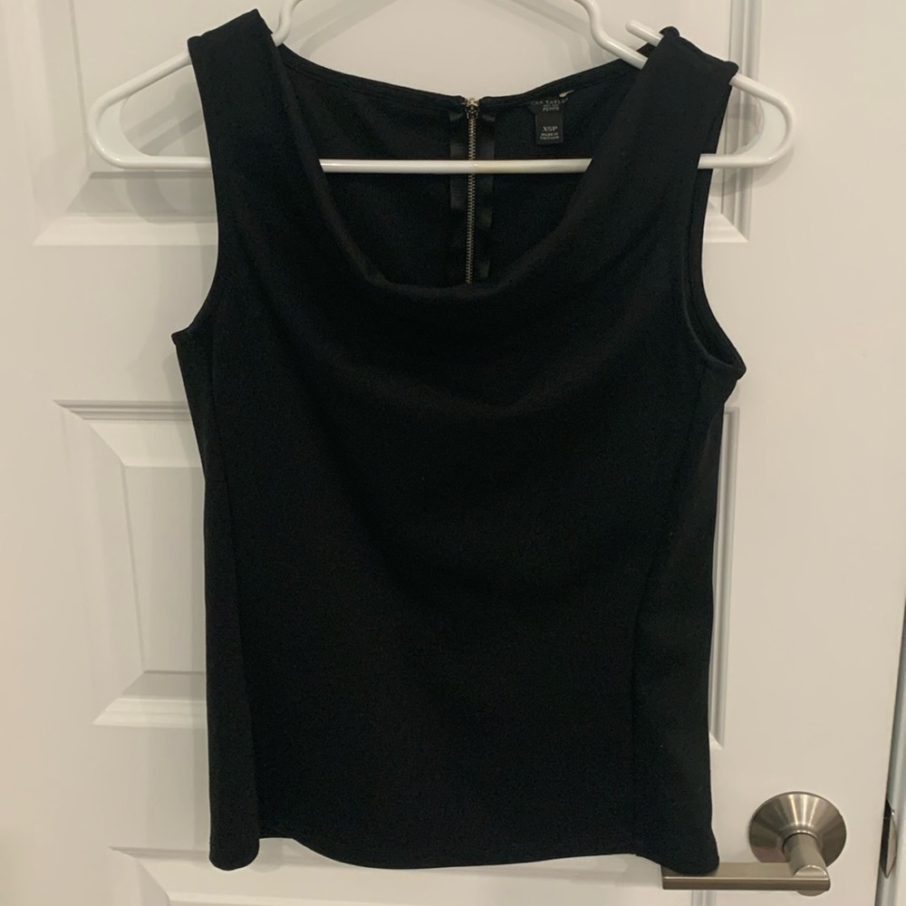 Ann Taylor petite black drape neck tank/shell with zipper in back